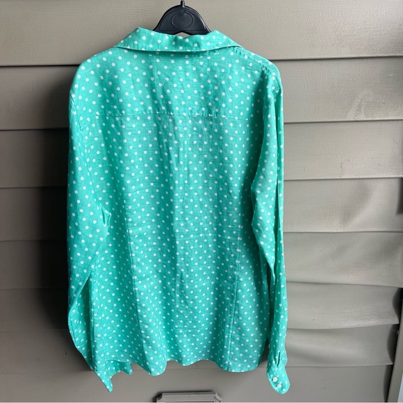 J Crew Green White Polka Dots 100% Linen Button Up Shirt Size XL Office Beach - Picture 2 of 8